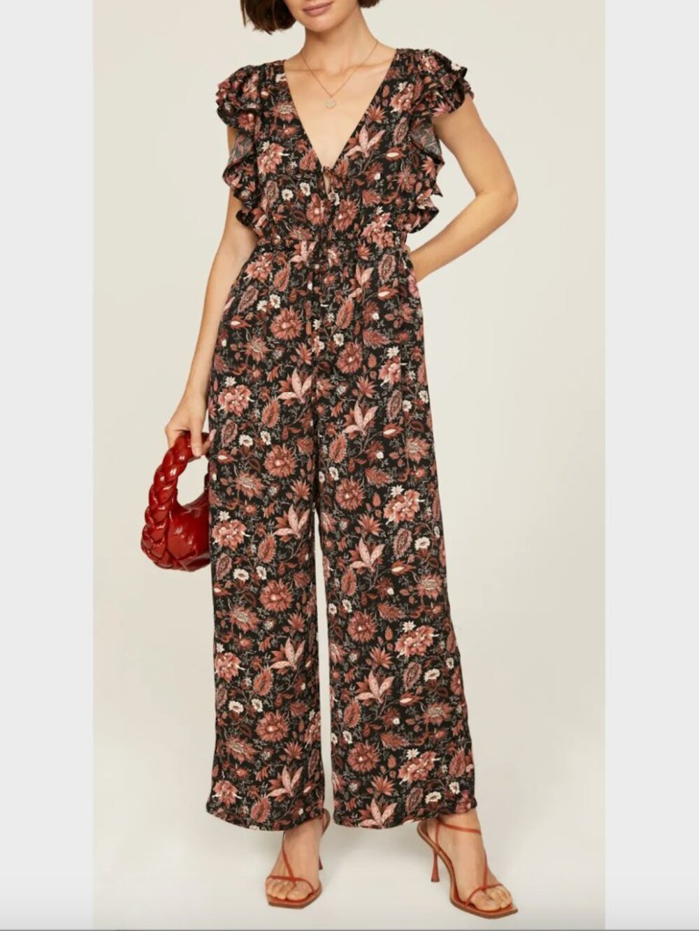 Madewell Ruffle Sleeve Black & Brown Floral Tie-Front Wide-Leg Jumpsuit - Size L